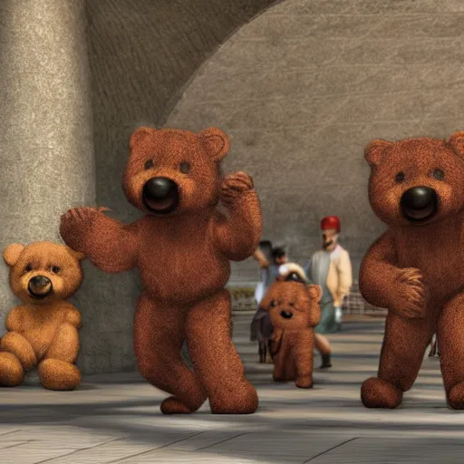 Image similar to Teddy Bears shopping for groceries in Ancient Egypt, photorealistic, HD