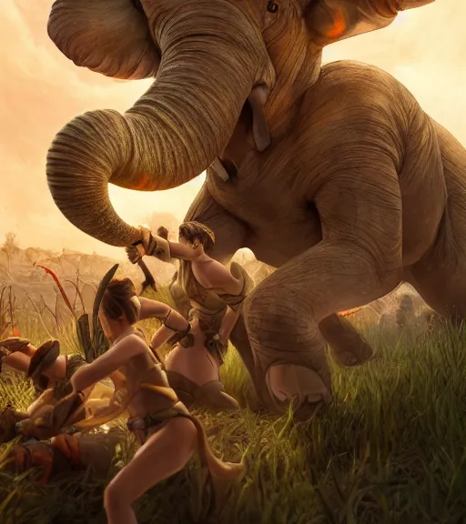 Prompt: an epic fantasy comic book style portrait painting of 3 0 0 spartans fighting an elephant, studio ghibli, unreal 5, daz, hyperrealistic, octane render, cosplay, rpg portrait, dynamic lighting, intricate detail, harvest fall vibrancy, cinematic