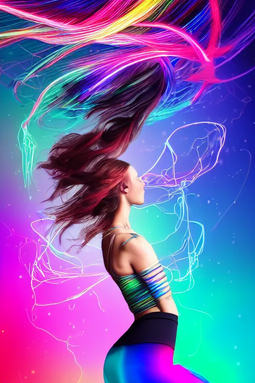 Image similar to a award winning half body portrait of a beautiful woman with stunning eyes in a croptop and leggings with reinbow colored ombre hairstyle head in motion and hair flying while dancing by thomas danthony, surrounded by whirling illuminated lines, outrun, vaporware, shaded flat illustration, digital art, trending on artstation, highly detailed, fine detail, intricate