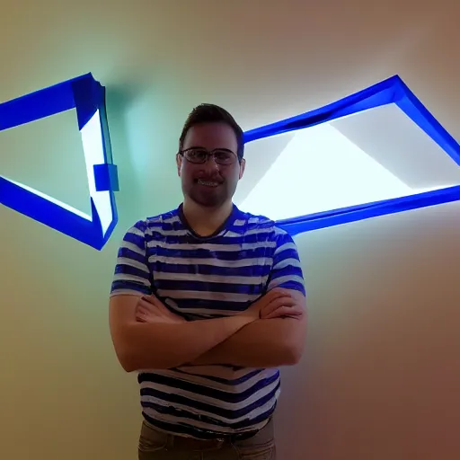 Image similar to a daytrader named jay standing proudly in front of triangular nanoleaf led lights on his wall