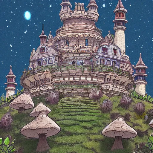 Prompt: highly detailed illustration of a mushroom castle at night, studio ghibli, ultra realistic, 4 k resolution, artstation