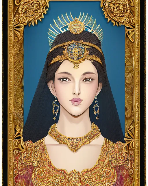 Image similar to portrait of a beautiful greek woman +diadem with facemask and feather crest+ long hairs and complex hairdressing+antique greek tunique+symmetric face, symmetric body+gold jewels, collar, earings, rubis, sapphire, topaz,citrite+gods of olympe+ in the style of saint seiya + by Joongwon Jeong and Kei Mieno, artsation, unreal engine render, octane render