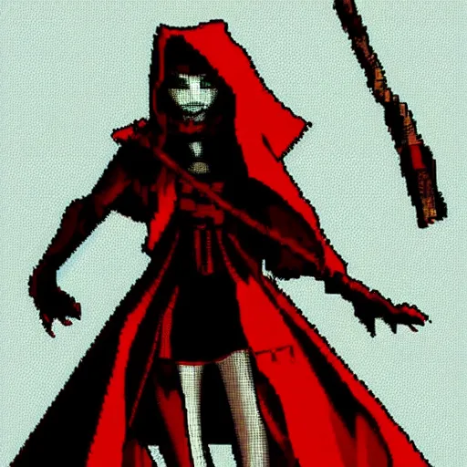 Image similar to evil little red riding hood, yoji shinkawa, pixel art