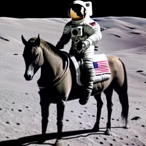 Image similar to old photo of an astronaut on his horse, horse has an astronaut suit too, photo taken on the moon