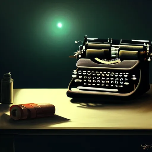 Image similar to painting of a typewriter on a desk in a dimly lit room, volumetric lighting, style of greg rutkowski