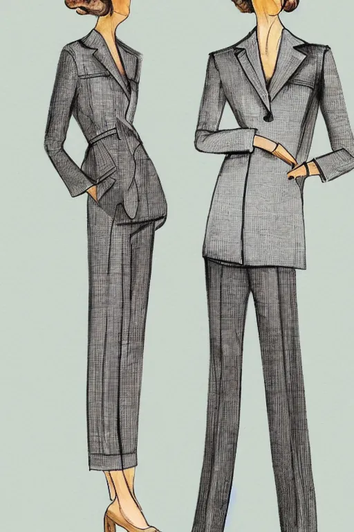 Prompt: a detailed fashion illustration of a midcentury hostess outfit with pants