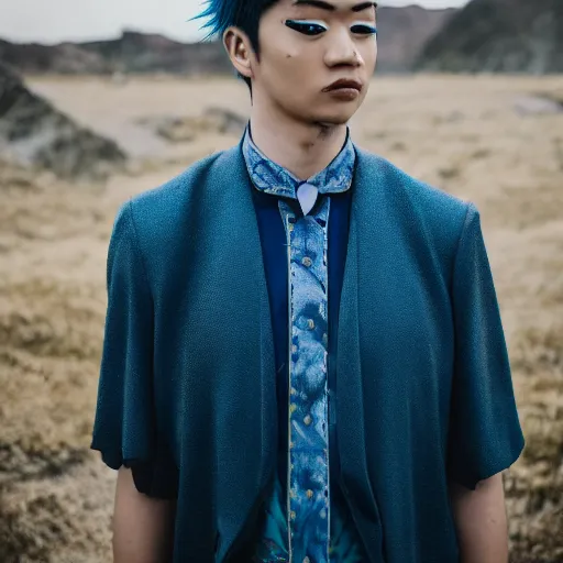 Image similar to rimuru tempest, young man blue hair ( ( ( ( ( yellow eyes ) ) ) ) ), canon eos r 3, f / 1. 4, iso 2 0 0, 1 / 1 6 0 s, 8 k, raw, unedited, symmetrical balance, in - frame