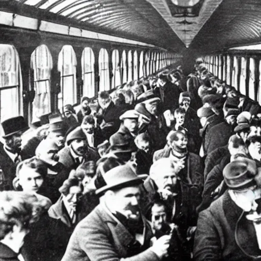 Prompt: an old historical photo of commuters in the train to new york, 1 8 9 0, everybody is looking on their smartphones