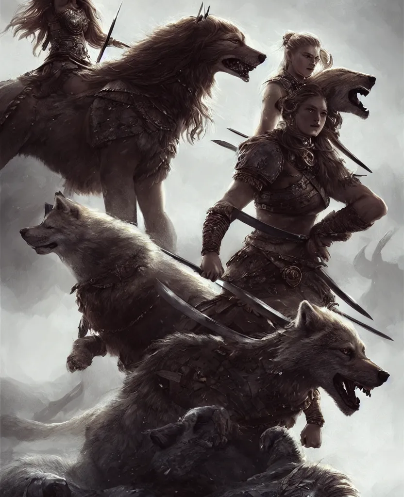 Prompt: a gorgeous!! woman resembling alicia vikander as a viking warrior accompanied by a dire wolf on the battlefield surrounded by the fallen | drawn by wlop, drawn by jeehyung lee, drawn by argerm | intricate, highly detailed, ultra graphics, digital painting, artstation