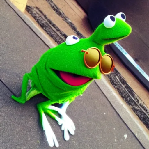 Prompt: cool Kermit the frog, wearing cool sunglasses, living the dream