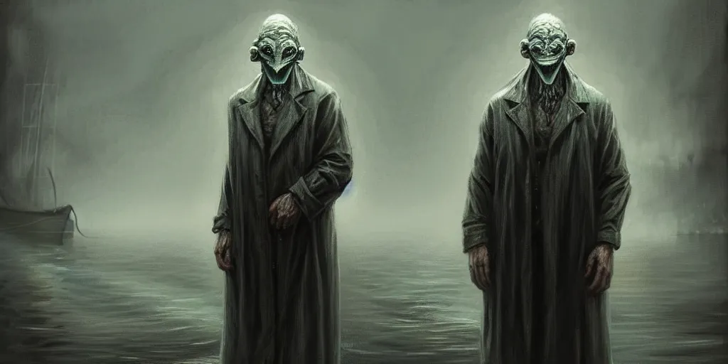 Prompt: ( ( ( ( lovecraftian innsmouth dweller ) ) ) ) dressed in raincoat, mutant fishman, old male, old sailor, dark atmosphere, lynchian atmosphere, masculine, upper body, highly detailed, digital painting, artstation, concept art, matte, sharp focus, illustration, art by artgerm and greg rutkowski and beksinski