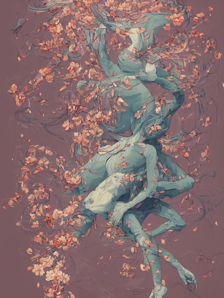 Image similar to a flying body covered in flowers in a dynamic pose, in the style of james jean and peter mohrbacher, highly detailed, soft lighting, art nouveau patterns, trending on artstation