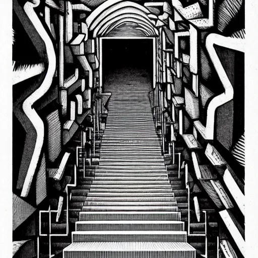 Prompt: a giant wolf in a huge bright maze of many doorways and lots of stairs, many doorways, inside MC Escher architecture, artstation, Junji Ito, epic composition