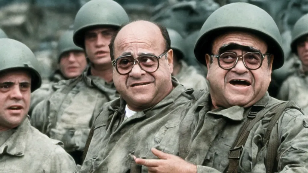 Image similar to A still of Danny Devito in Saving Private Ryan, 8k