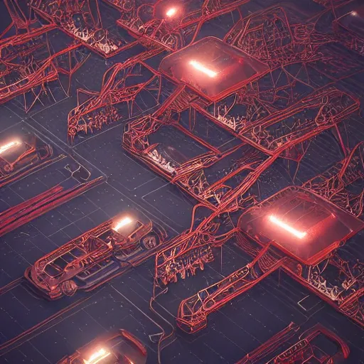 Image similar to factorio production line, intricate artwork by tooth wu and wlop and beeple. octane render, trending on artstation, greg rutkowski very coherent symmetrical artwork. cinematic, hyper realism, high detail, octane render, 8 k, red and black tones