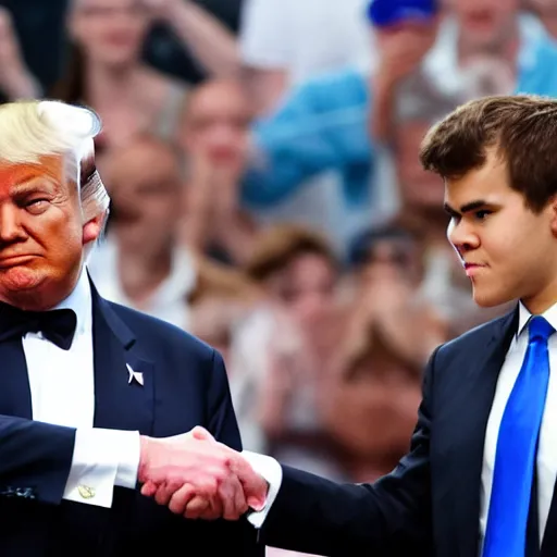 Image similar to donald trump and magnus carlsen shaking hands