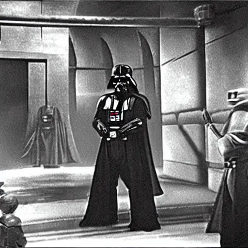 Prompt: Fight between Luke and Darth Vader in the silent movie version of Star Wars (1921) by Fritz Lang, in front of a set reminiscent of Metropolis