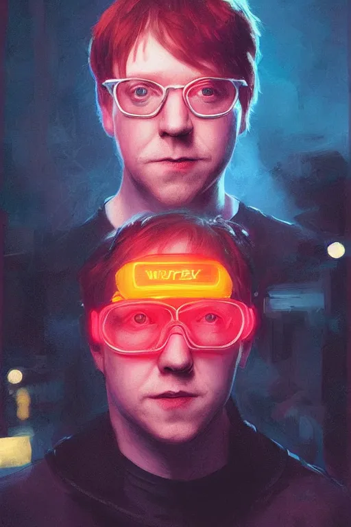 Image similar to portrait of Rupert Grint as Ron Wisly with visor in cyberpunk, neon lighting, night city, digital art from artstation by Ruan Jia and Mandy Jurgens and Artgerm and william-adolphe bouguereau and Greg Rutkowski