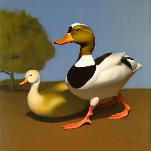 Prompt: a duck on the prowl oil painting john currin