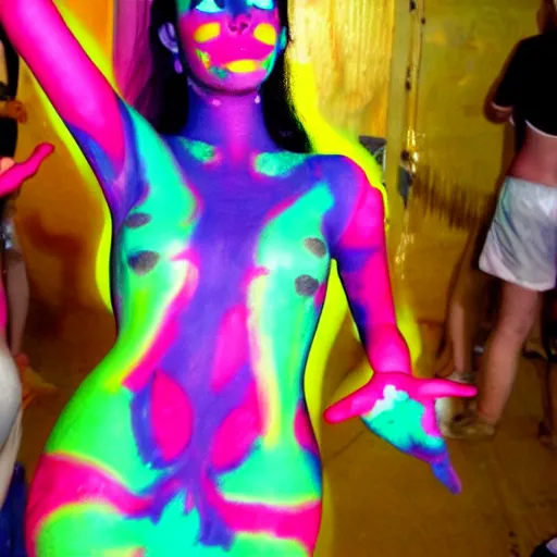 Image similar to dancing twilak tweaker wearing body paint at the rave tripping on lsd wide eyed pixar girl