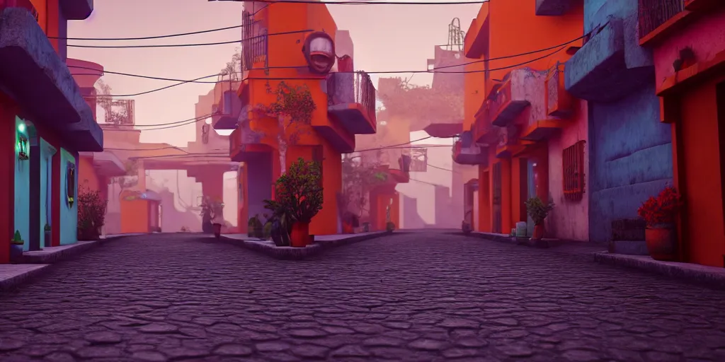 Image similar to a futuristic small mexican town cobbled street, blade runner 2 0 4 9 guanajuato alleys, futuristic colonial city architecture, mexican dia de muertos decorations, environmental lighting, stromy weather, ray tracing, amazing view, highly detailed, neon shops, octane render, unreal engine 5, 4 k