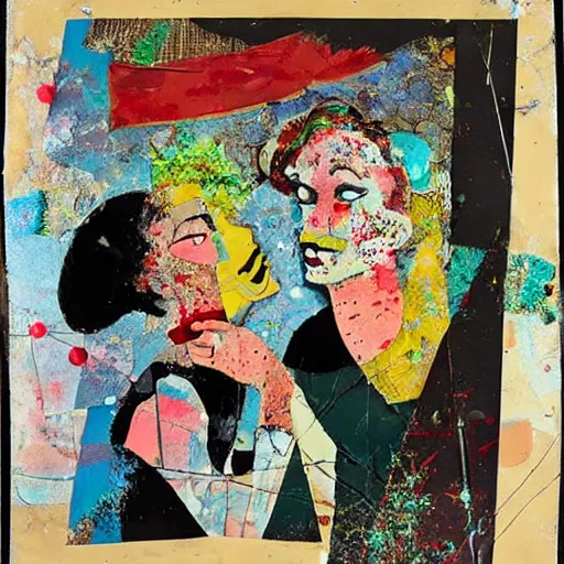 Image similar to two women kissing at a carnival, mixed media collage, vintage, paper collage, magazine collage, acrylic paint splatters, bauhaus, claymation, layered paper art, sapphic visual poetry expressing the utmost of desire by jackson pollock