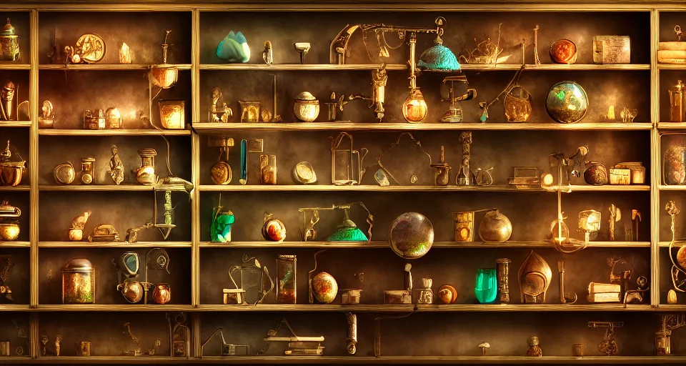 Image similar to a shelf of wonderful magical experiments, cinematic lighting, detailed, beautiful colors, ornate 4 k