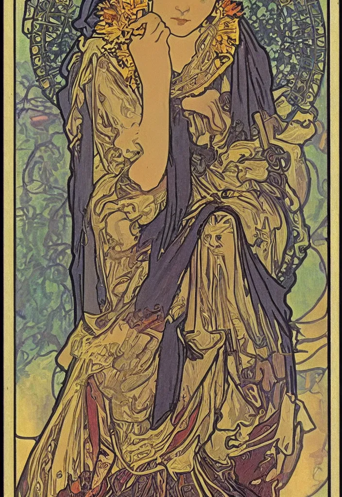 Image similar to geoffrey hinton in a crown on a tarot card, tarot in art style by alphonse mucha