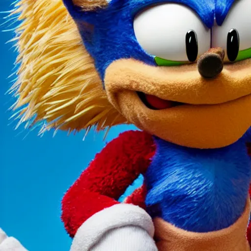 Prompt: sonic the hedgehog as a muppet.