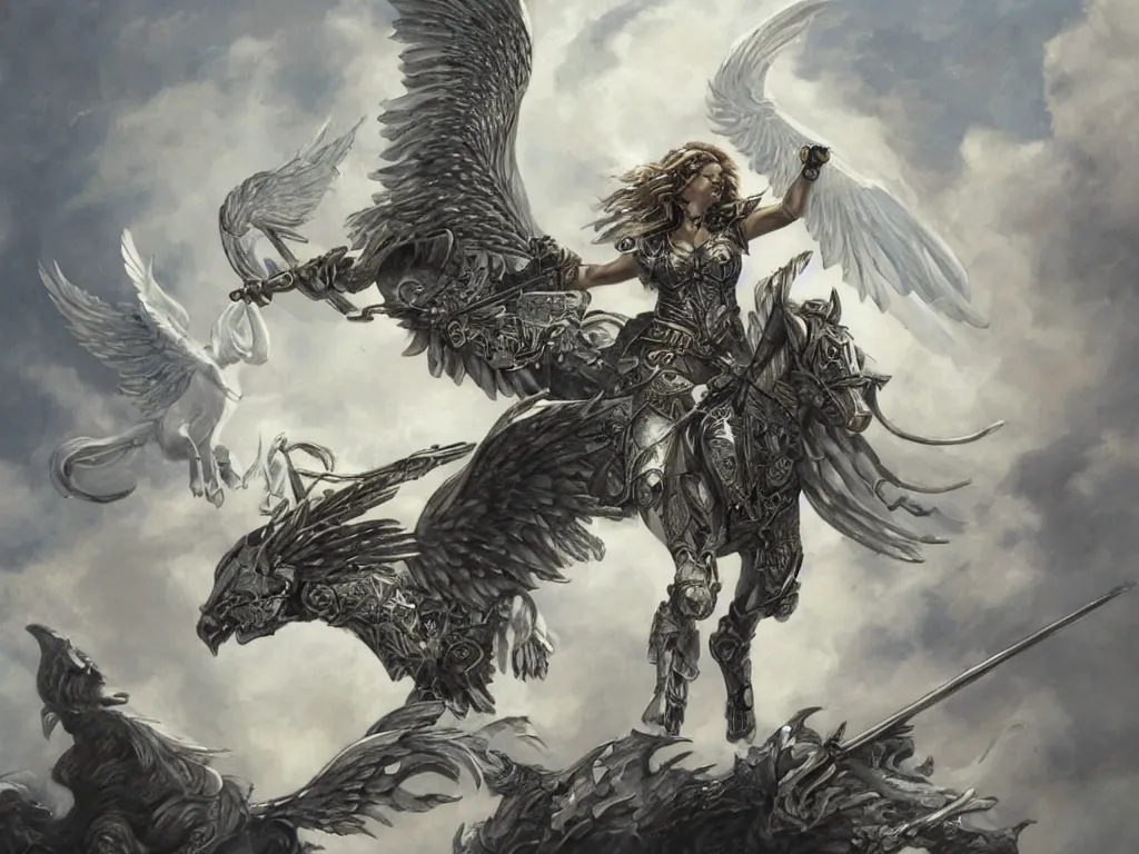 Image similar to valkyrie on white pegasus, epic scene, style of brom, highly detailed