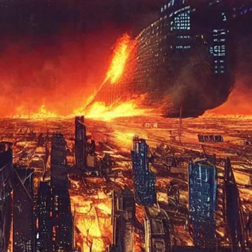 Prompt: a cyberpunk imagining of the hindenburg burning to the ground