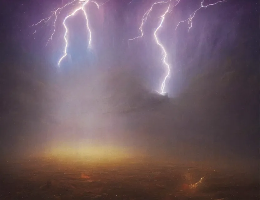 Image similar to a space laces kind of poster of a giant lightning across all of the frame. cinematic sci - fi scene and science fiction theme with lightning, aurora lighting. clouds and stars. smoke. futurism. fantasy. by beksinski carl spitzweg and tuomas korpi. baroque elements. oil painting. dramatic. artstation. 8 k