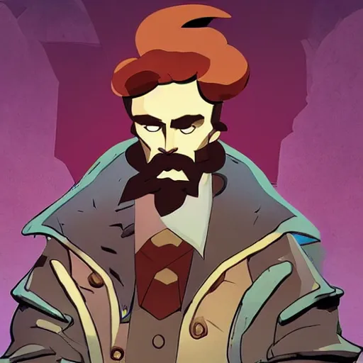 Image similar to Friedrich Nietzsche Gigachad with chiseled jawline, Mike Mignola, Supergiant Games