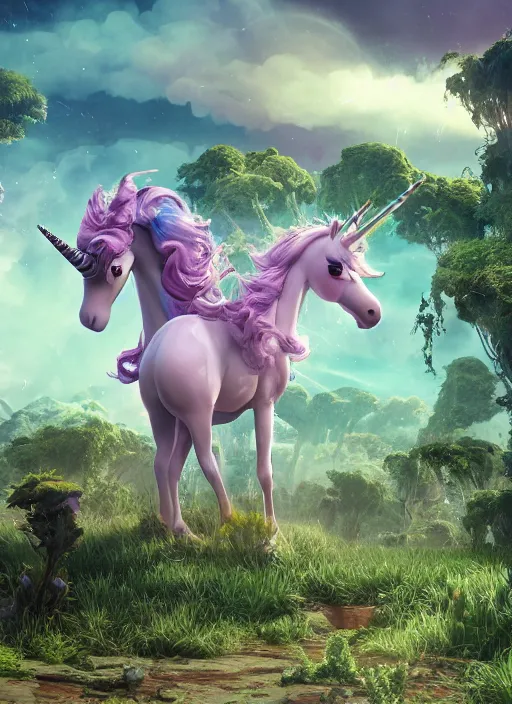 Image similar to unicorn on a lunarpunk biome, au naturel, hyper detailed, digital art, trending in artstation, cinematic lighting, studio quality, smooth render, unreal engine 5 rendered, octane rendered, art style by pixar dreamworks warner bros disney riot games and arcane.