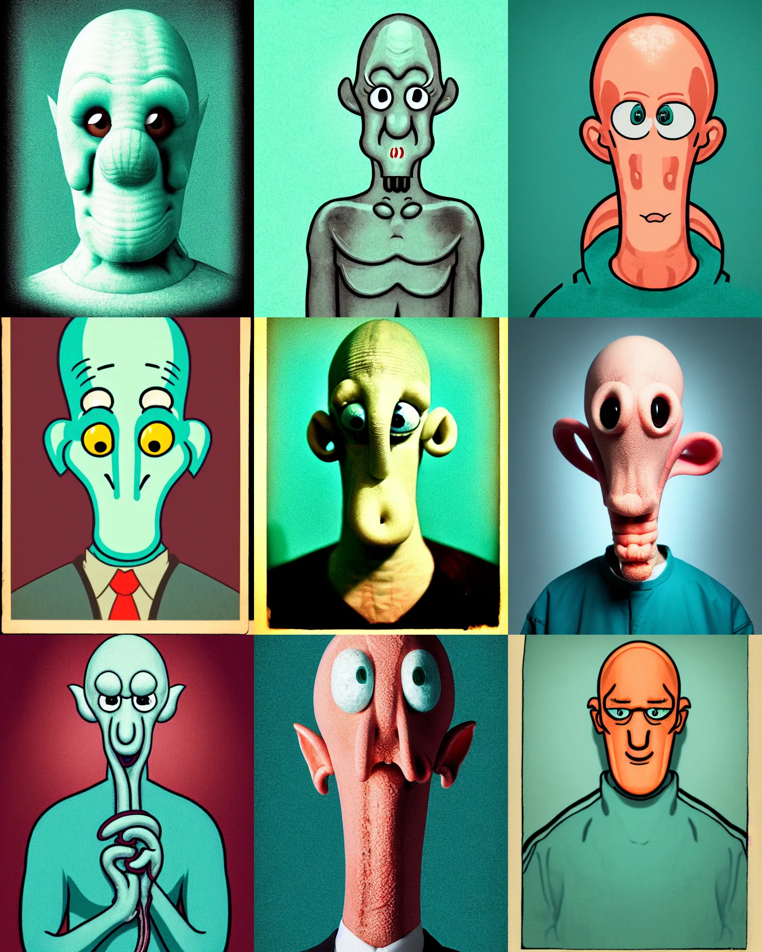 Prompt: prison mugshot of anthropomorphized real - life squidward tentacles, bright flash, vibrant colors, pale teal skin, soft vignette, grim expression, realistic, low saturation, nypd, portrait photograph