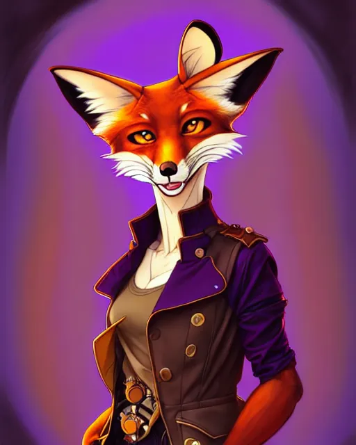 Image similar to don bluth, loish, artgerm, joshua middleton, steampunk, clockpunk anthropomorphic fox girl, purple vest, smiling, symmetrical eyes symmetrical face, colorful animation forest background