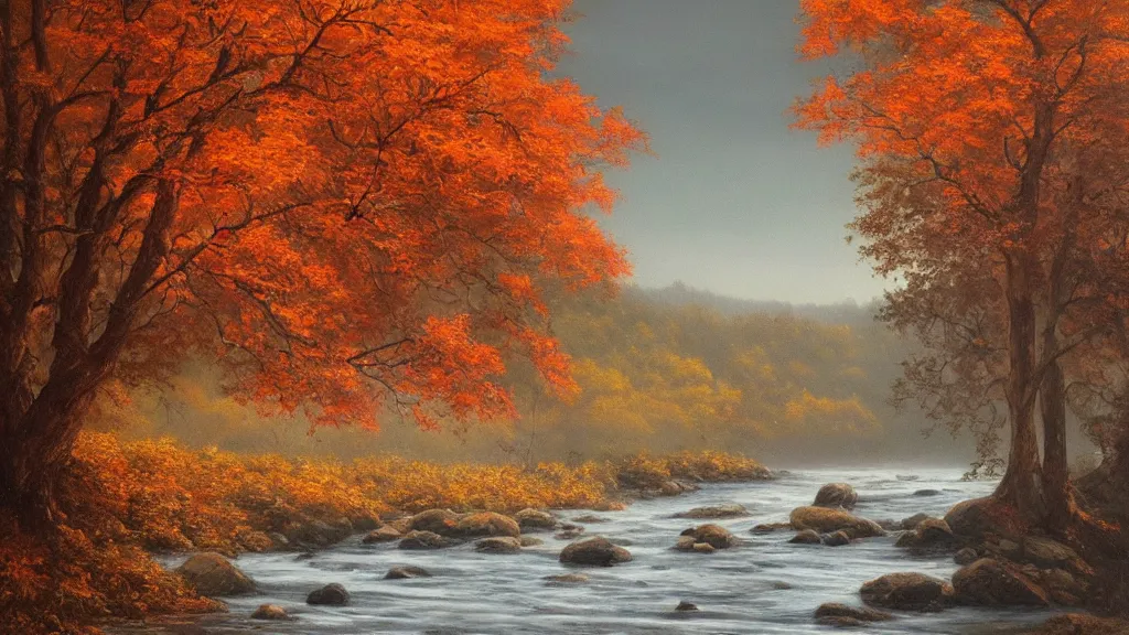 Image similar to A beautiful oil painting of a single tree, the tree is at the top of a hill, the tree is in the rule of thirds, the fall has arrived and the leafs started to become golden and red, the river is zigzagging and flowing its way, the river has lots of dark grey rocks, by Greg Rutkowski