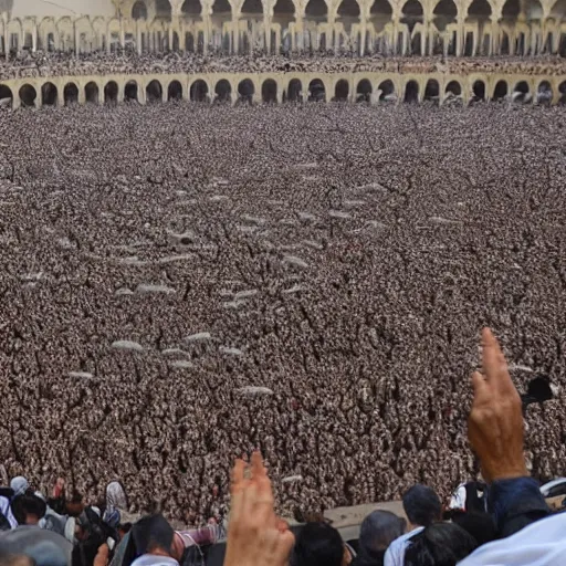 Prompt: crowd of zombies spinning around Mecca