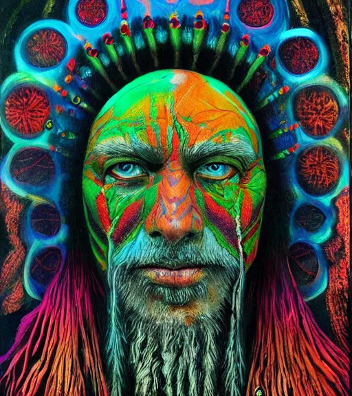 Image similar to Portrait painting in a style of Beksinski mixed with Alex Grey of an old shaman dressed in a colorful traditional clothes. Very psychodelic