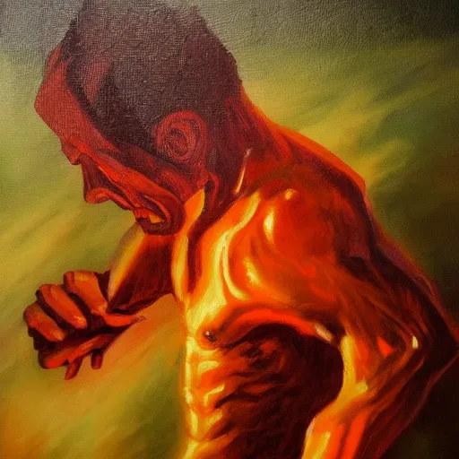 Image similar to Man arising from hell. Oil painting.