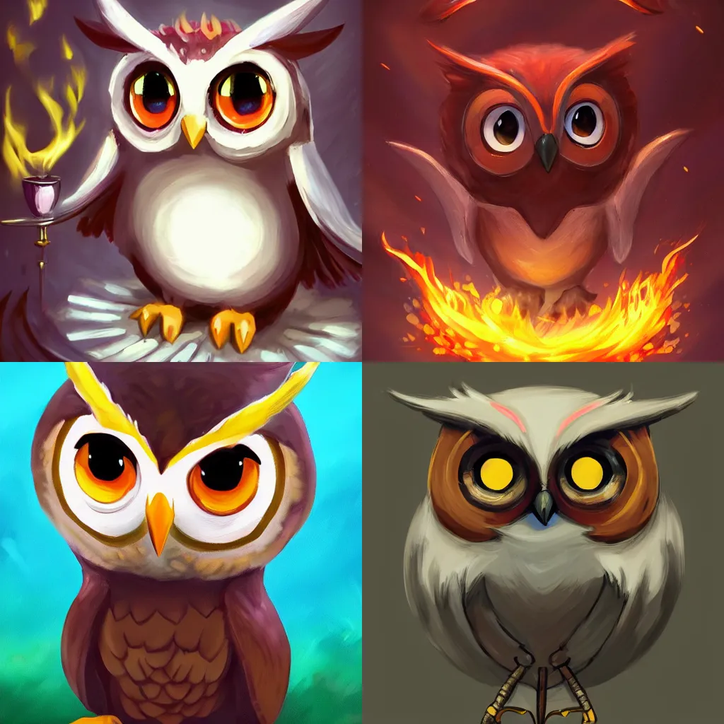 Prompt: full shot,a painting of cute owl Pokémon with big eyes made of flame,Ford, Henry Justice,trending on artstation,High detail