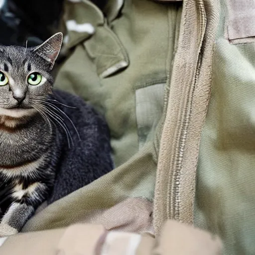 Prompt: cat using army clothes