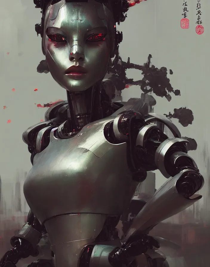 Image similar to portrait of a geisha robot by greg rutkowski and ruan jia, mecha, washed colors, dark, gloomy, matte painting, unreal engine 5