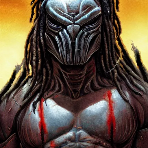 Prompt: character digital painting of an alien with dreadlocks and grey armor, The Predator, Yautja, by Dan Mumford, hyperdetailed