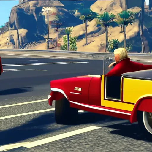 Prompt: the dalli lama and Donald Trump cruising in a convertible low rider in GTA 5 4k ultra high quality