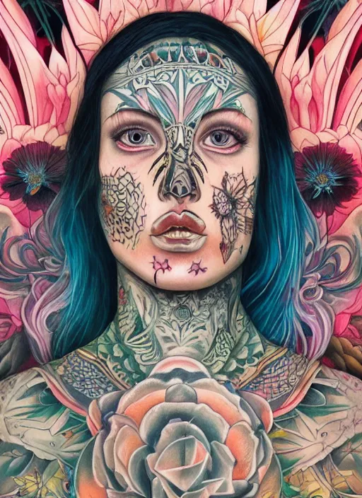 Image similar to beautiful enlightened woman instagram influencer with tattoos, tattooed skin, oil painting, robe, symmetrical face, dark ritual myth, by martine johanna masterpiece