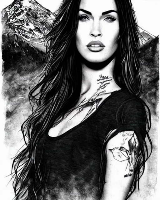 Image similar to tattoo design sketch of megan fox with beautiful mountain scenery, in the style of dan mountford, double exposure effect, hyper realistic, amazing detail