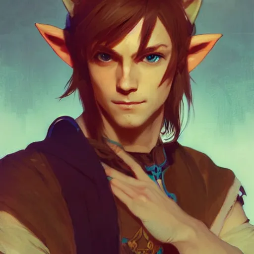Image similar to Stunning portrait of Link from the Legend of the Zelda with cat ears. Art by Greg Rutkowski and Alphonse Mucha