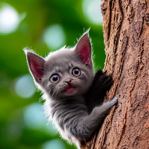 Image similar to a bat kitten, in a tree, Canon EOS R3, telephoto, very detailed, 4k