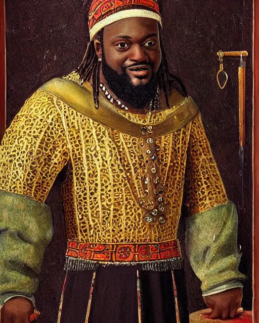 Image similar to HD medieval portrait painting of T-Pain as a medieval Moroccan sultan.